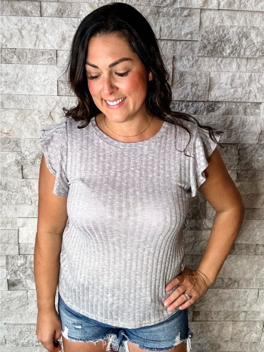Haptics Women’s Light Gray Ribbed Flutter Sleeve Top